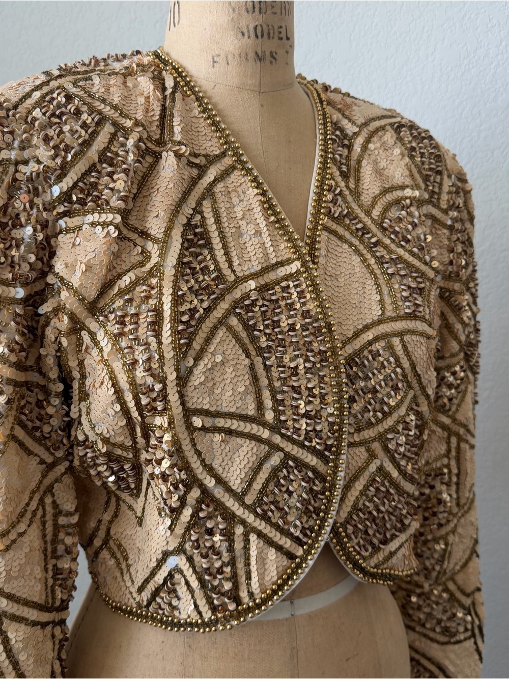 Neiman Marcus 90’s Cropped Embellished Sequin Bolero Jacket - Cream & Gold